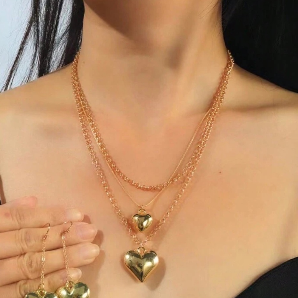 Heart Chunky Design Multi-Layer Necklace & Earring Set